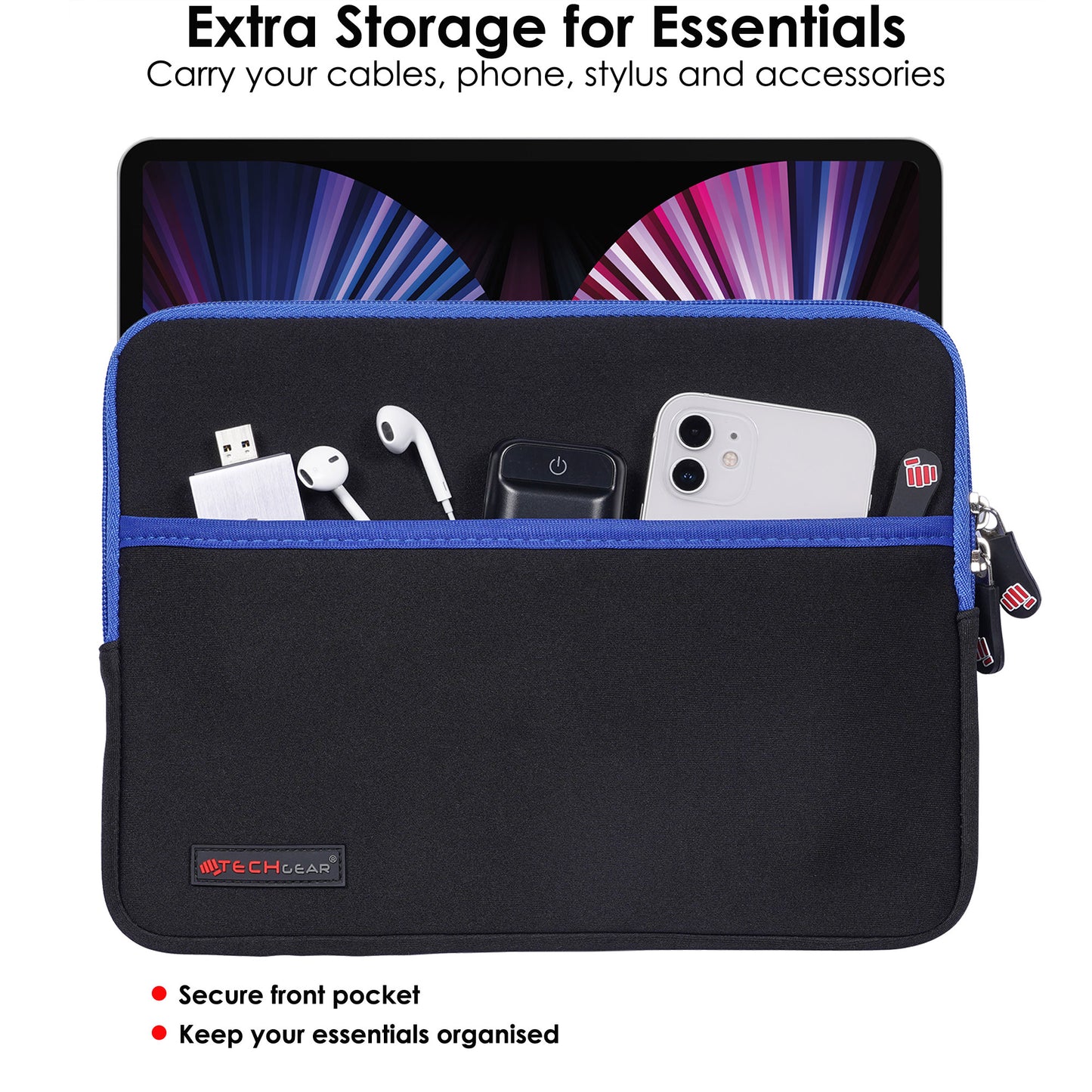 TECHGEAR Tablet Sleeve Case 7–13 Inch - Shockproof Neoprene Pouch with Bubble Protection, Zip Pocket, Slim Protective iPad Samsung Tablet Laptop Sleeve