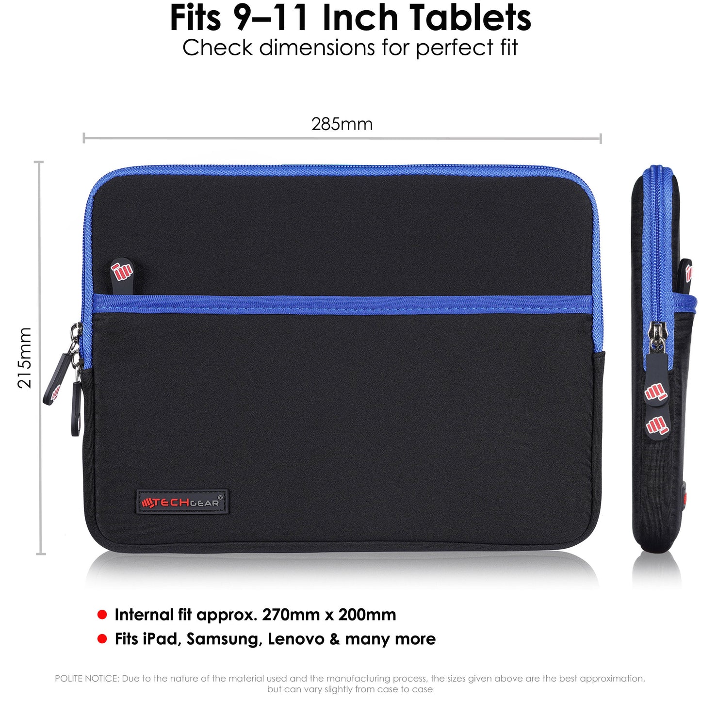 TECHGEAR Tablet Sleeve Case 7–13 Inch - Shockproof Neoprene Pouch with Bubble Protection, Zip Pocket, Slim Protective iPad Samsung Tablet Laptop Sleeve