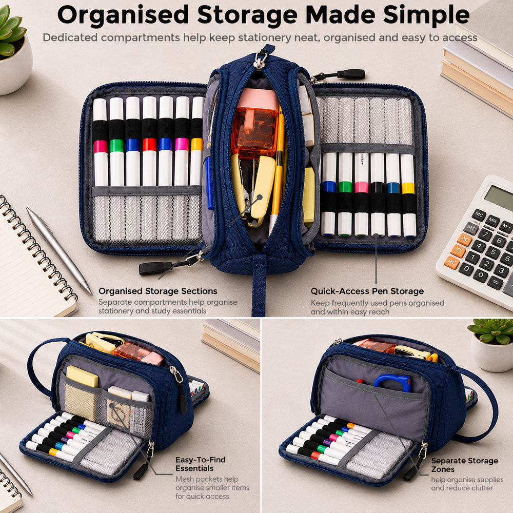 SharkByte Large Pencil Case Organiser - Big Capacity Stationery Storage Pouch with Compartments for School, College, Study, Office, Travel & Everyday Organisation