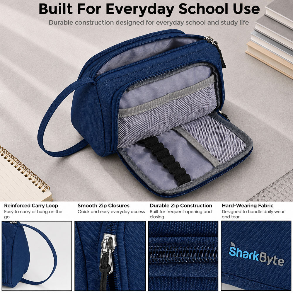 SharkByte Large Pencil Case Organiser - Big Capacity Stationery Storage Pouch with Compartments for School, College, Study, Office, Travel & Everyday Organisation