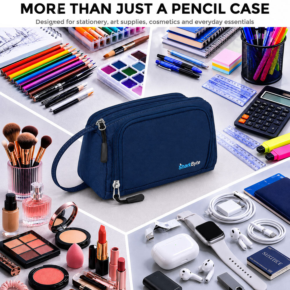 SharkByte Large Pencil Case Organiser - Big Capacity Stationery Storage Pouch with Compartments for School, College, Study, Office, Travel & Everyday Organisation