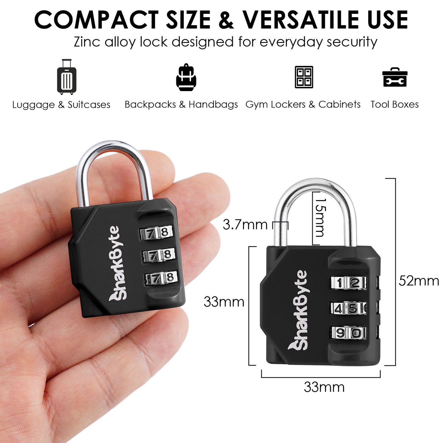 SharkByte Luggage Locks – 3-Dial Weatherproof Combination Padlock for Suitcases, Travel Bags, Gym Lockers & Outdoor Use (1 / 2 / 3 / 4 Pack)