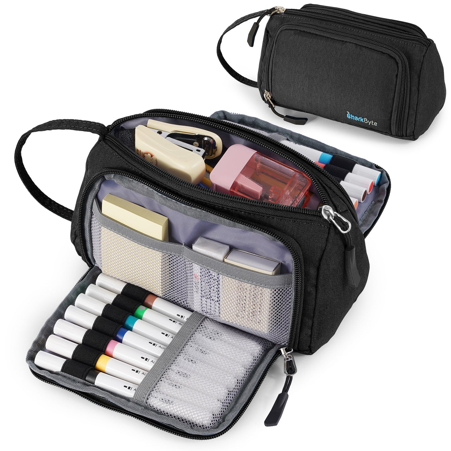 SharkByte Large Pencil Case – Big Capacity Recycled Fabric Stationery Organizer with Handle for School, College, Office & Travel (Available in 11 Colours)