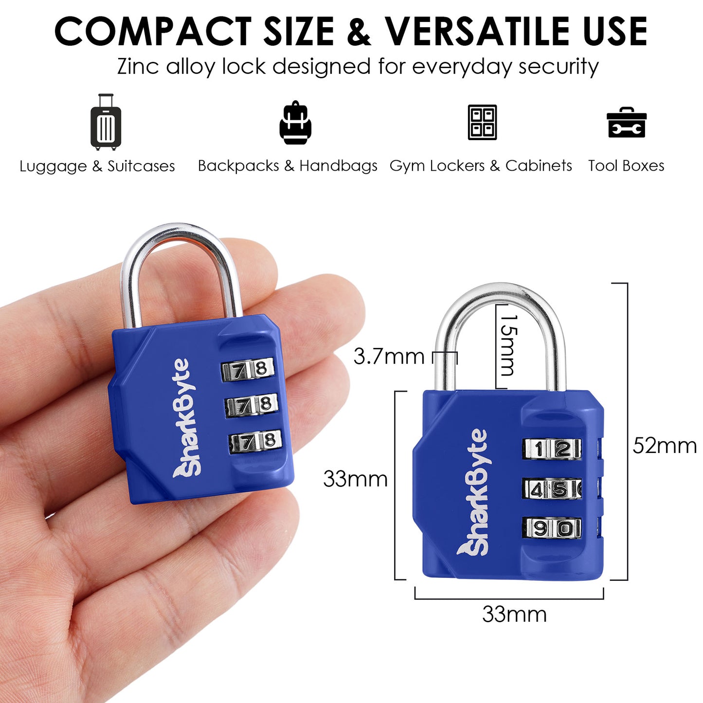 SharkByte Luggage Locks – 3-Dial Weatherproof Combination Padlock for Suitcases, Travel Bags, Gym Lockers & Outdoor Use (1 / 2 / 3 / 4 Pack)