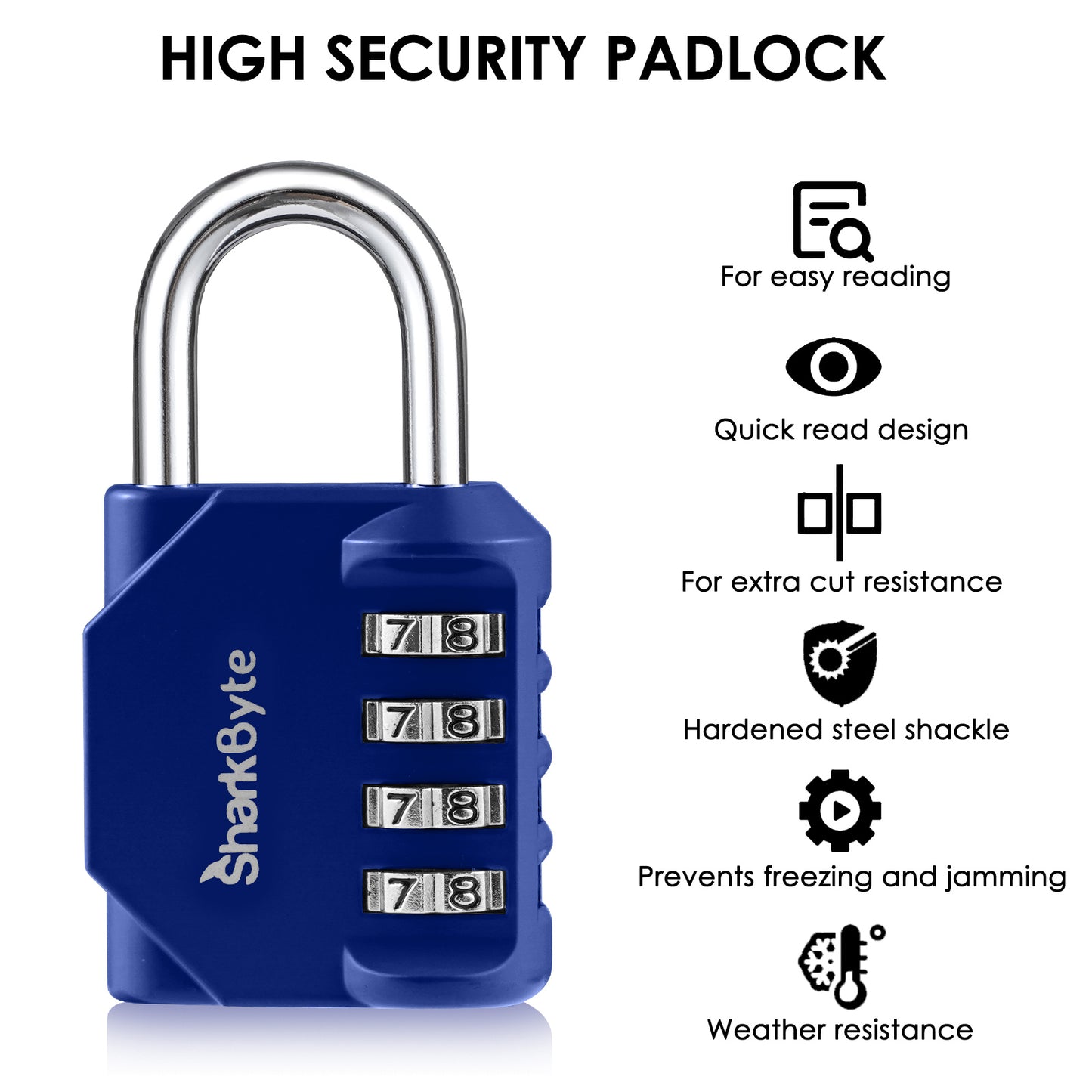 SharkByte Heavy Duty 4-Dial Combination Padlock – Weatherproof Outdoor Lock for Gym, School, Shed, Storage, Cabinet & Toolbox (1 / 2 / 3 / 4 Pack)