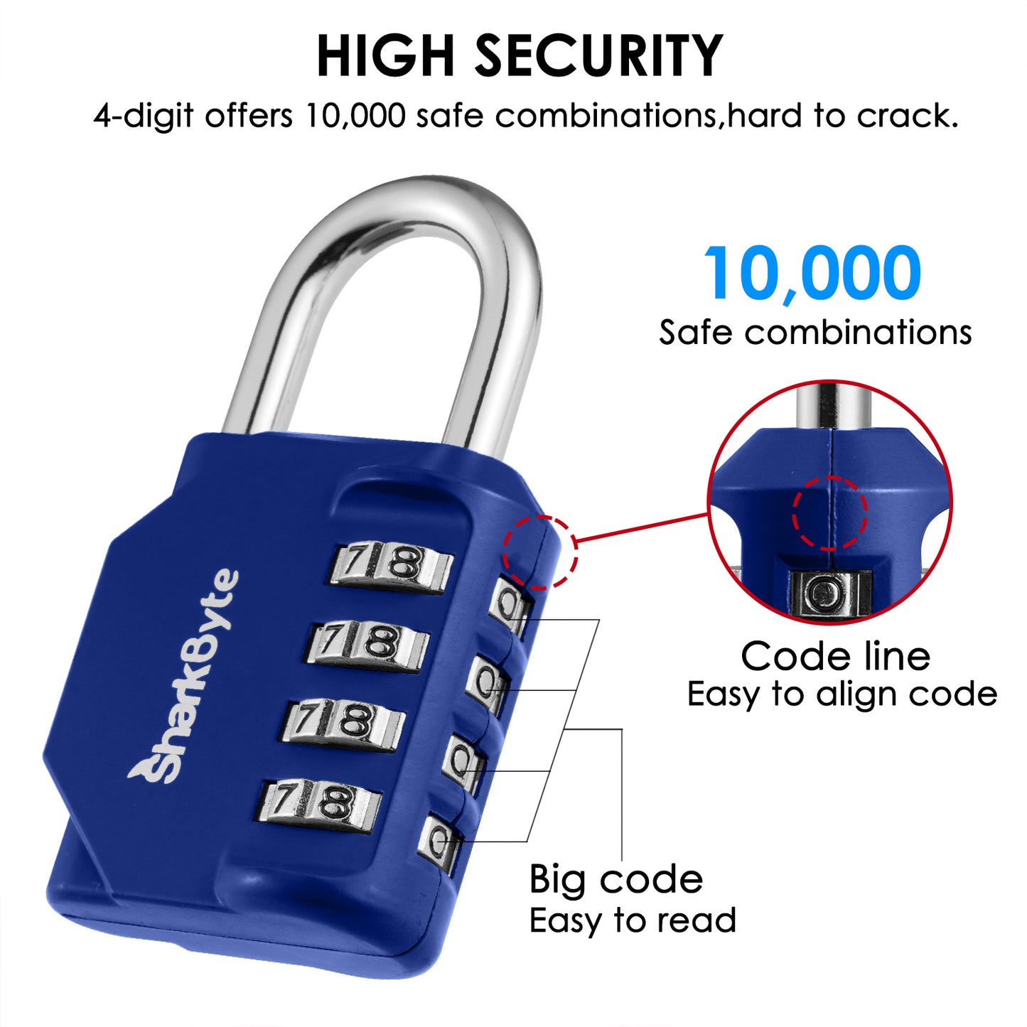 SharkByte Heavy Duty 4-Dial Combination Padlock – Weatherproof Outdoor Lock for Gym, School, Shed, Storage, Cabinet & Toolbox (1 / 2 / 3 / 4 Pack)