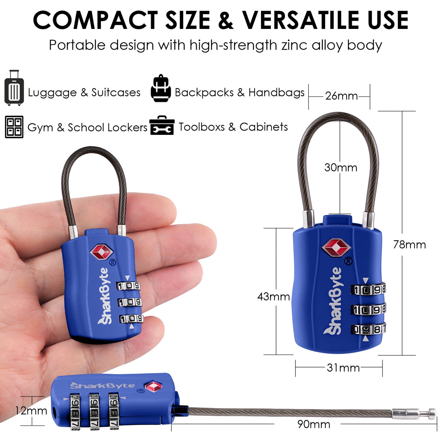 SharkByte TSA Suitcase Locks – 3-Dial Combination Cable Wire Travel Padlock for Luggage, Suitcases, Backpacks, Gym Lockers & Travel Bags (1 / 2 / 3 / 4 Pack)
