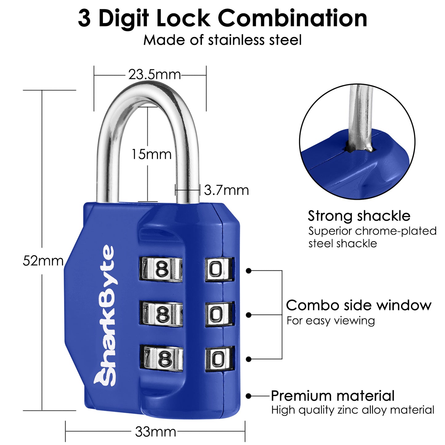 SharkByte Luggage Locks – 3-Dial Weatherproof Combination Padlock for Suitcases, Travel Bags, Gym Lockers & Outdoor Use (1 / 2 / 3 / 4 Pack)