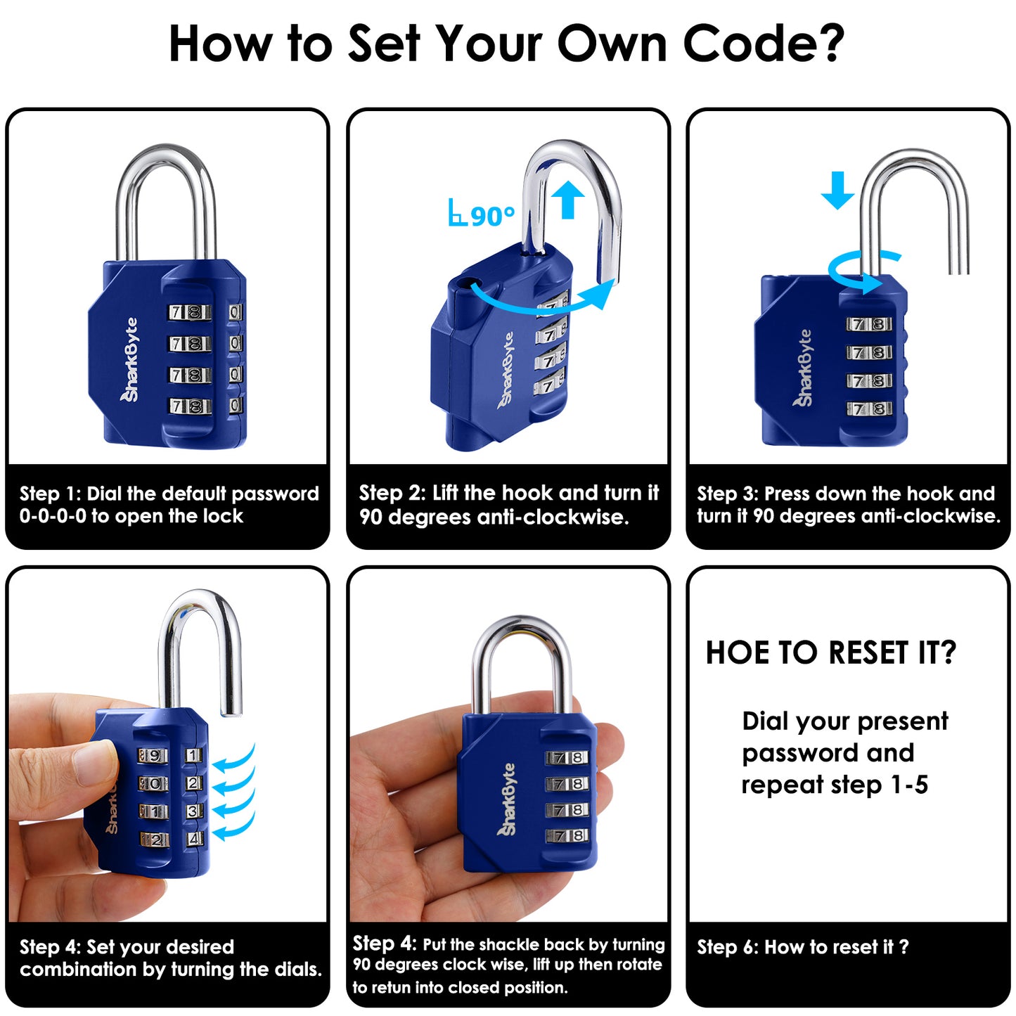 SharkByte Heavy Duty 4-Dial Combination Padlock – Weatherproof Outdoor Lock for Gym, School, Shed, Storage, Cabinet & Toolbox (1 / 2 / 3 / 4 Pack)