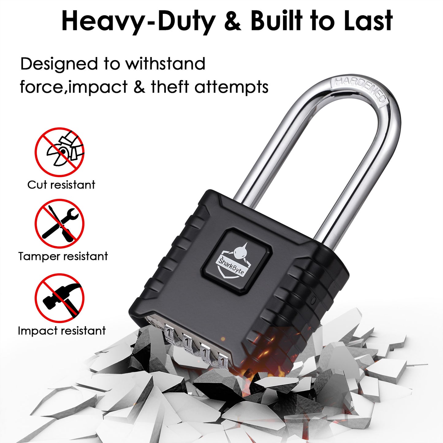 SharkByte Heavy Duty Long Shackle Combination Padlock 52mm – Weatherproof Outdoor Lock with 8mm Stainless Steel Shackle, Anti-Rust, Resettable Code, One-Button Locking for Gate, Warehouse, School, Shed, Storage, Garage (1 / 2 Pack)
