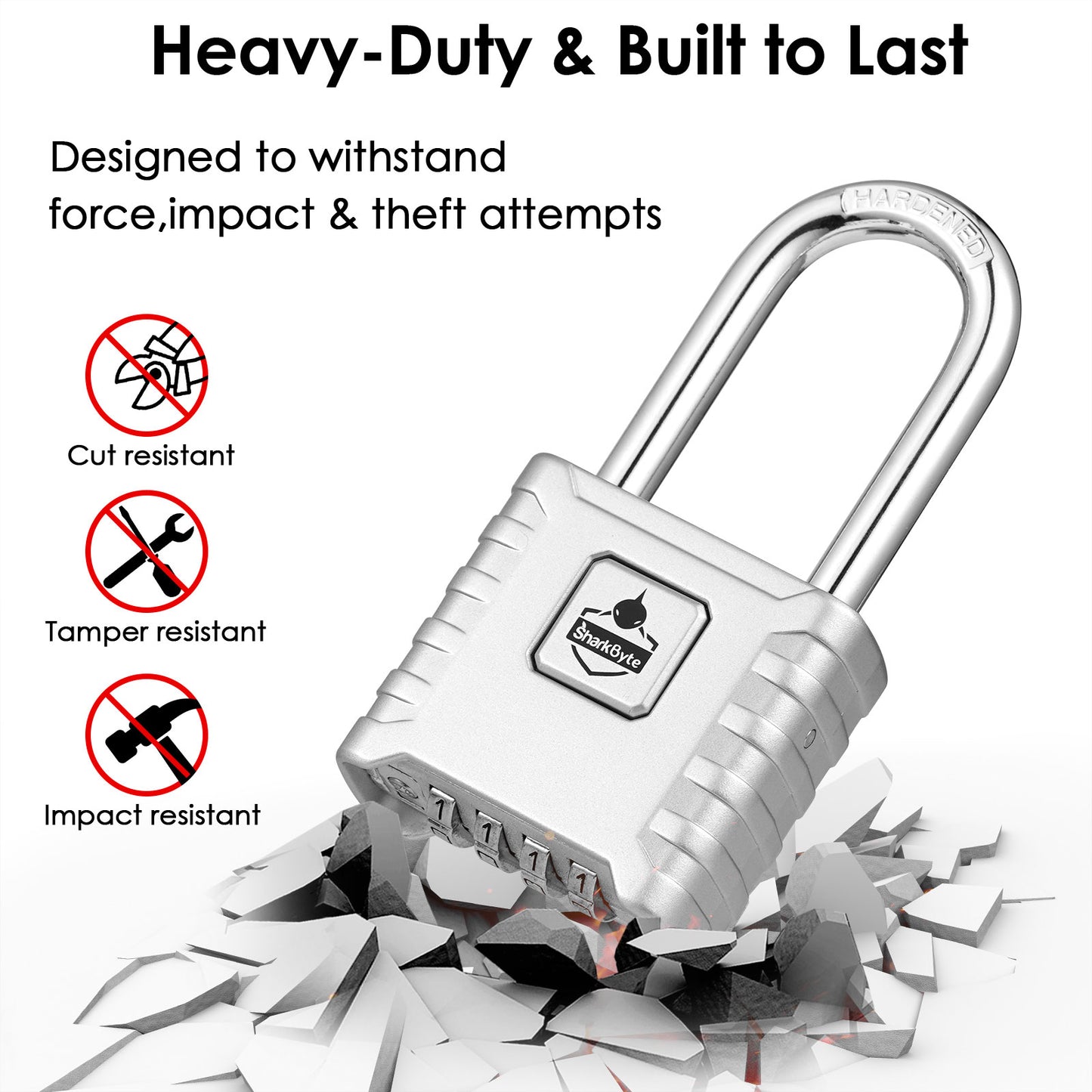 SharkByte Heavy Duty Long Shackle Combination Padlock 52mm – Weatherproof Outdoor Lock with 8mm Stainless Steel Shackle, Anti-Rust, Resettable Code, One-Button Locking for Gate, Warehouse, School, Shed, Storage, Garage (1 / 2 Pack)
