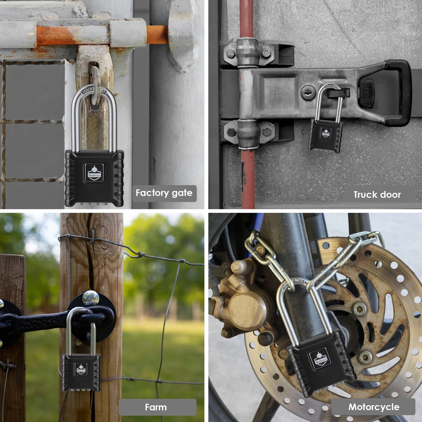 SharkByte Heavy Duty Long Shackle Combination Padlock 52mm – Weatherproof Outdoor Lock with 8mm Stainless Steel Shackle, Anti-Rust, Resettable Code, One-Button Locking for Gate, Warehouse, School, Shed, Storage, Garage (1 / 2 Pack)