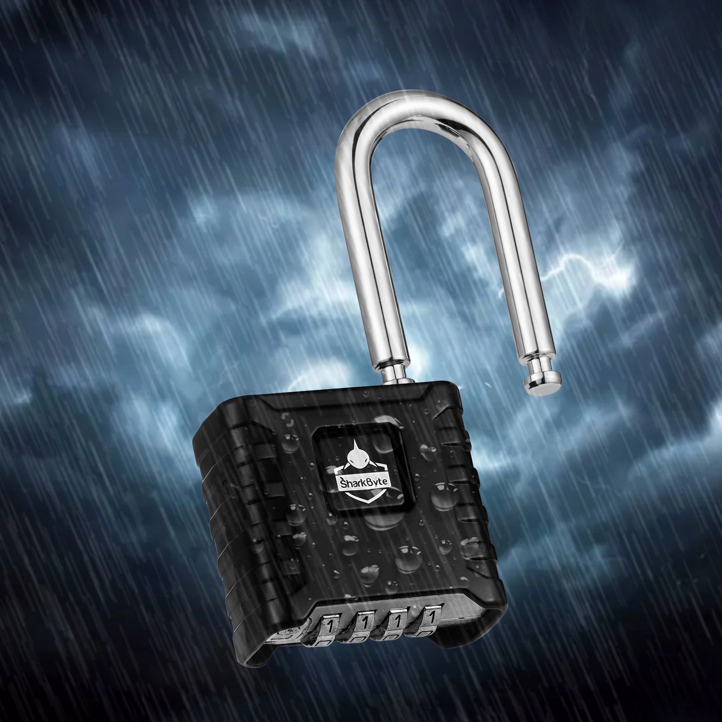 SharkByte Heavy Duty Long Shackle Combination Padlock 52mm – Weatherproof Outdoor Lock with 8mm Stainless Steel Shackle, Anti-Rust, Resettable Code, One-Button Locking for Gate, Warehouse, School, Shed, Storage, Garage (1 / 2 Pack)