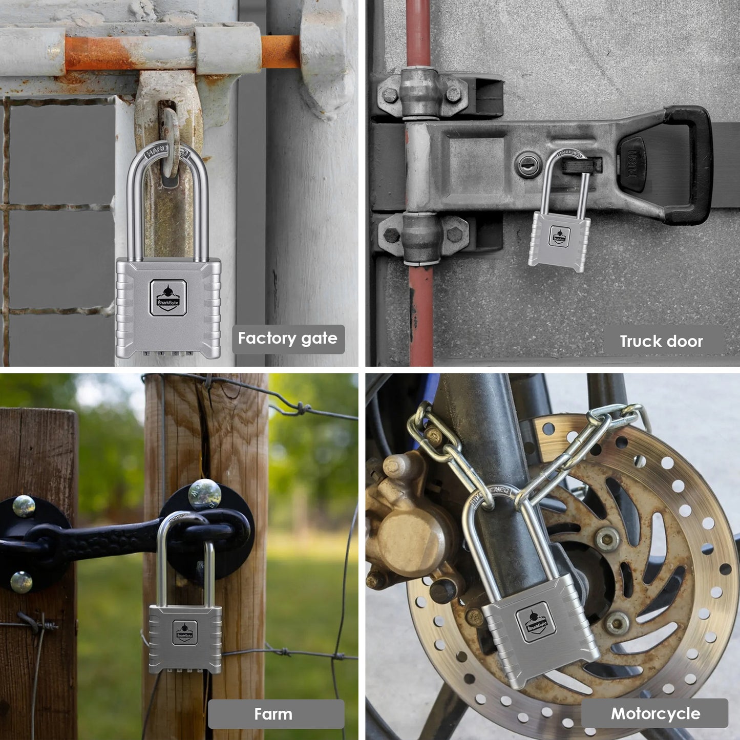 SharkByte Heavy Duty Long Shackle Combination Padlock 52mm – Weatherproof Outdoor Lock with 8mm Stainless Steel Shackle, Anti-Rust, Resettable Code, One-Button Locking for Gate, Warehouse, School, Shed, Storage, Garage (1 / 2 Pack)