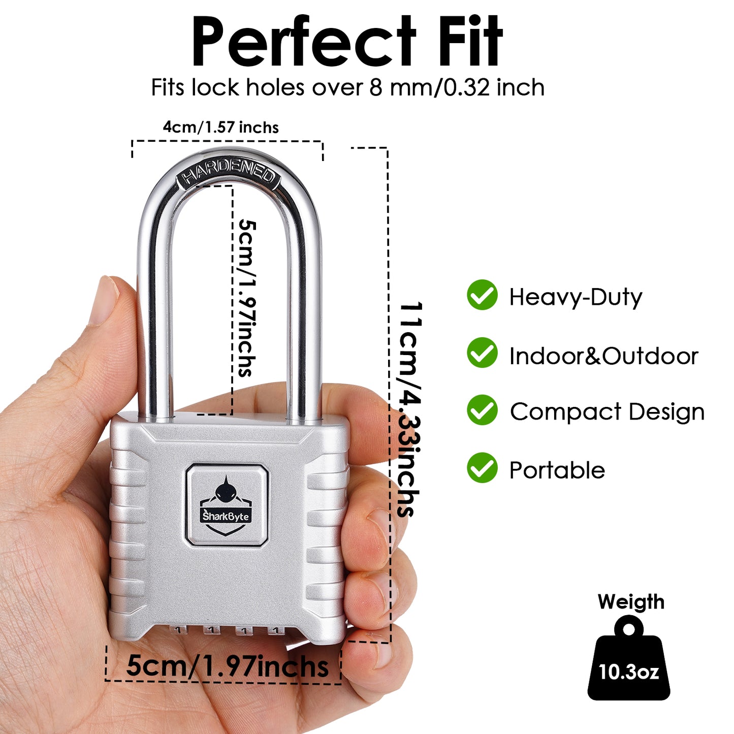 SharkByte Heavy Duty Long Shackle Combination Padlock 52mm – Weatherproof Outdoor Lock with 8mm Stainless Steel Shackle, Anti-Rust, Resettable Code, One-Button Locking for Gate, Warehouse, School, Shed, Storage, Garage (1 / 2 Pack)