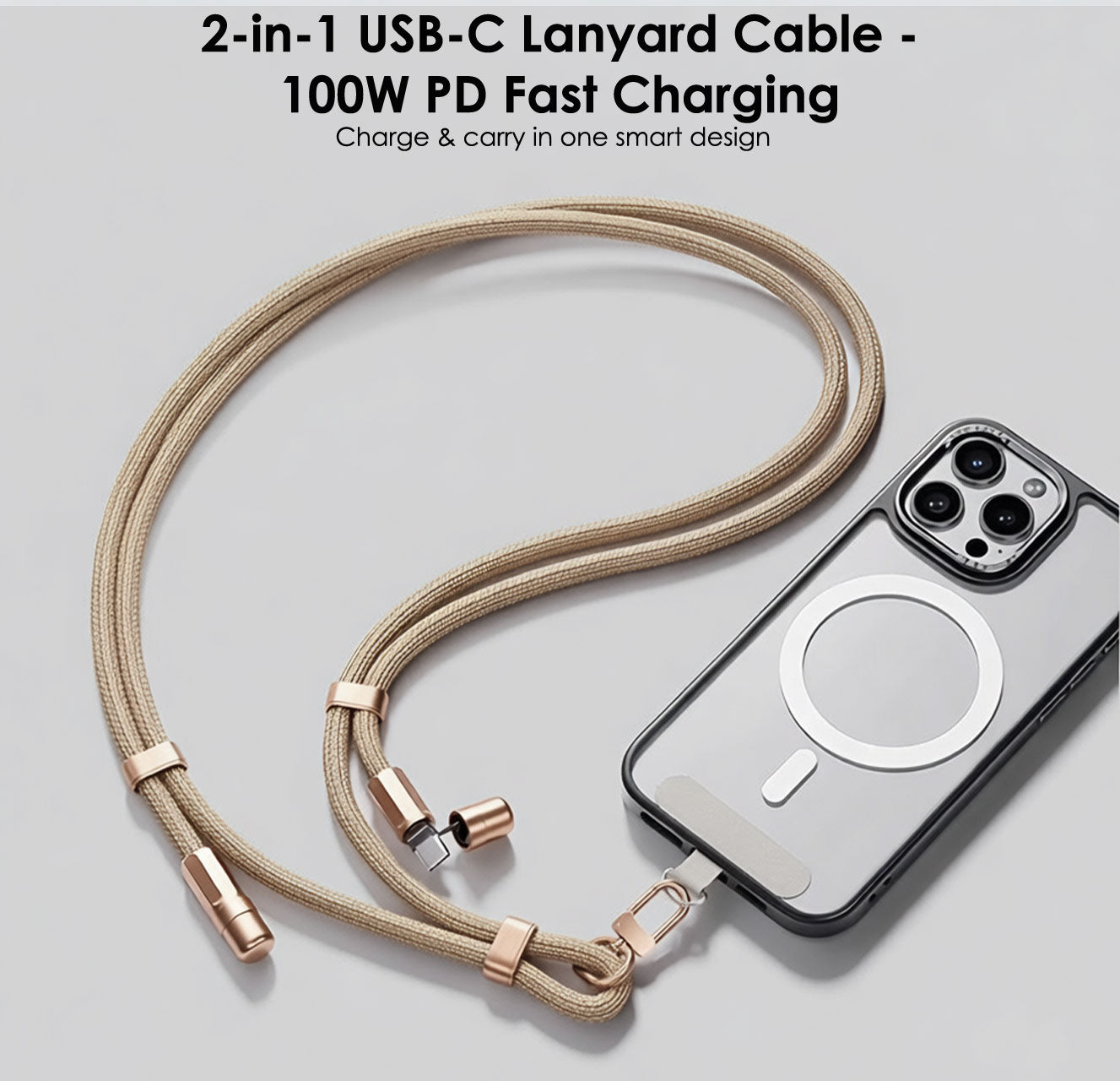 TECHGEAR USB-C to USB-C Lanyard Charging Cable 100W PD, Adjustable 45-80cm Wearable Crossbody Phone Neck Strap, Braided Fast Charge Cable