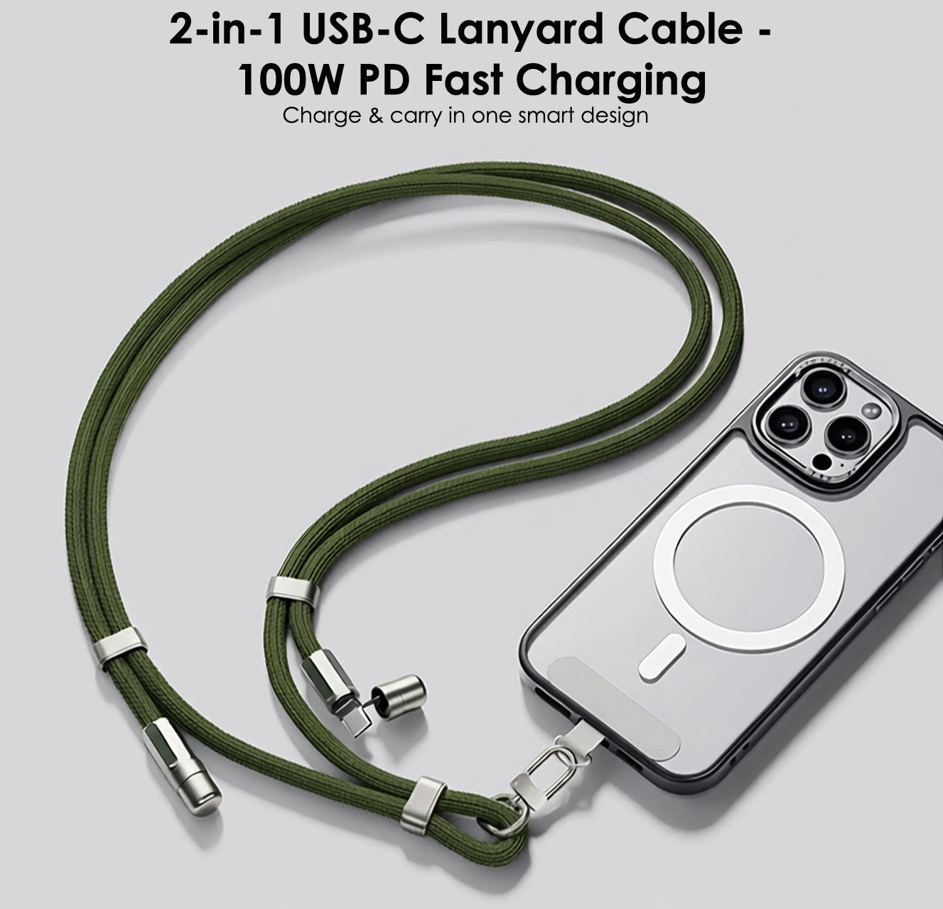 TECHGEAR USB-C to USB-C Lanyard Charging Cable 100W PD, Adjustable 45-80cm Wearable Crossbody Phone Neck Strap, Braided Fast Charge Cable
