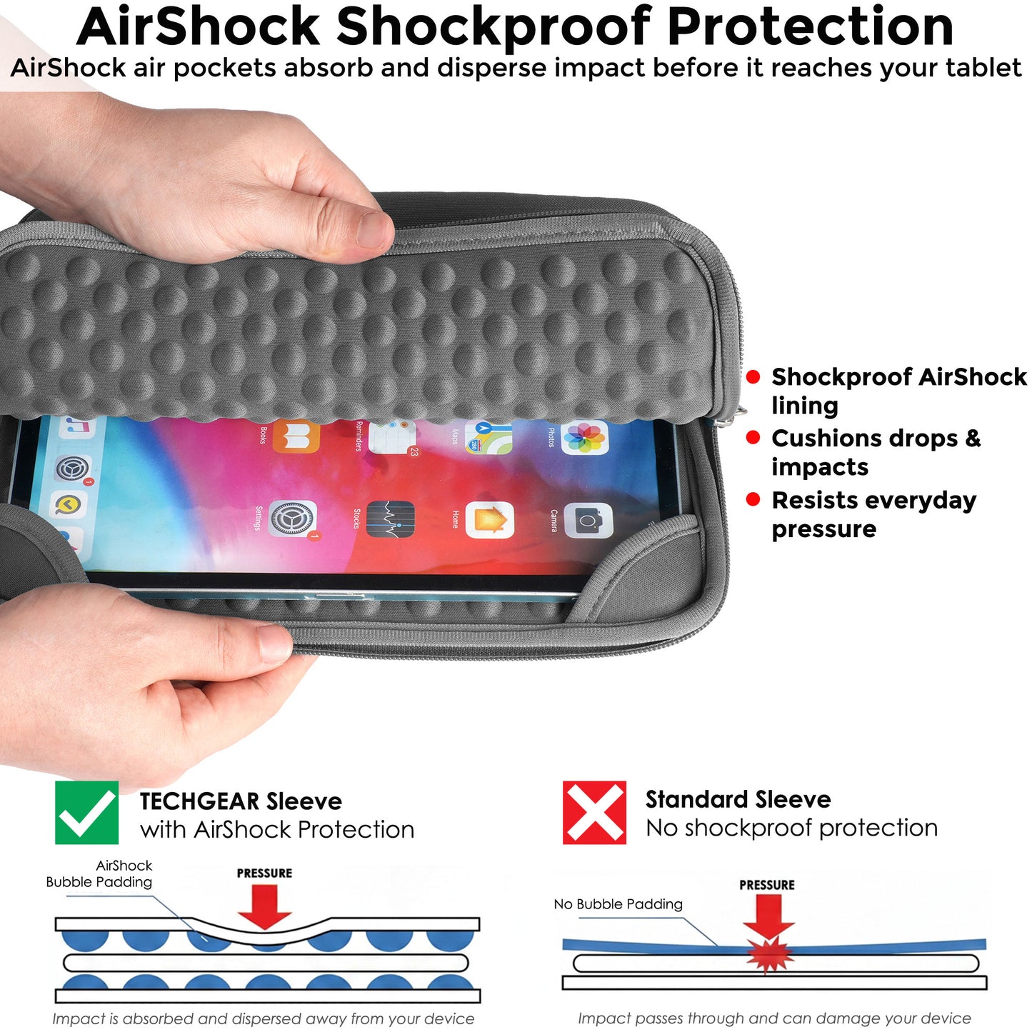 TECHGEAR AirShock Universal Tablet Sleeve | Shockproof Protective Sleeve Case for 7-13 Inch Tablets | Water-Resistant Oxford Fabric with Front Storage Pocket