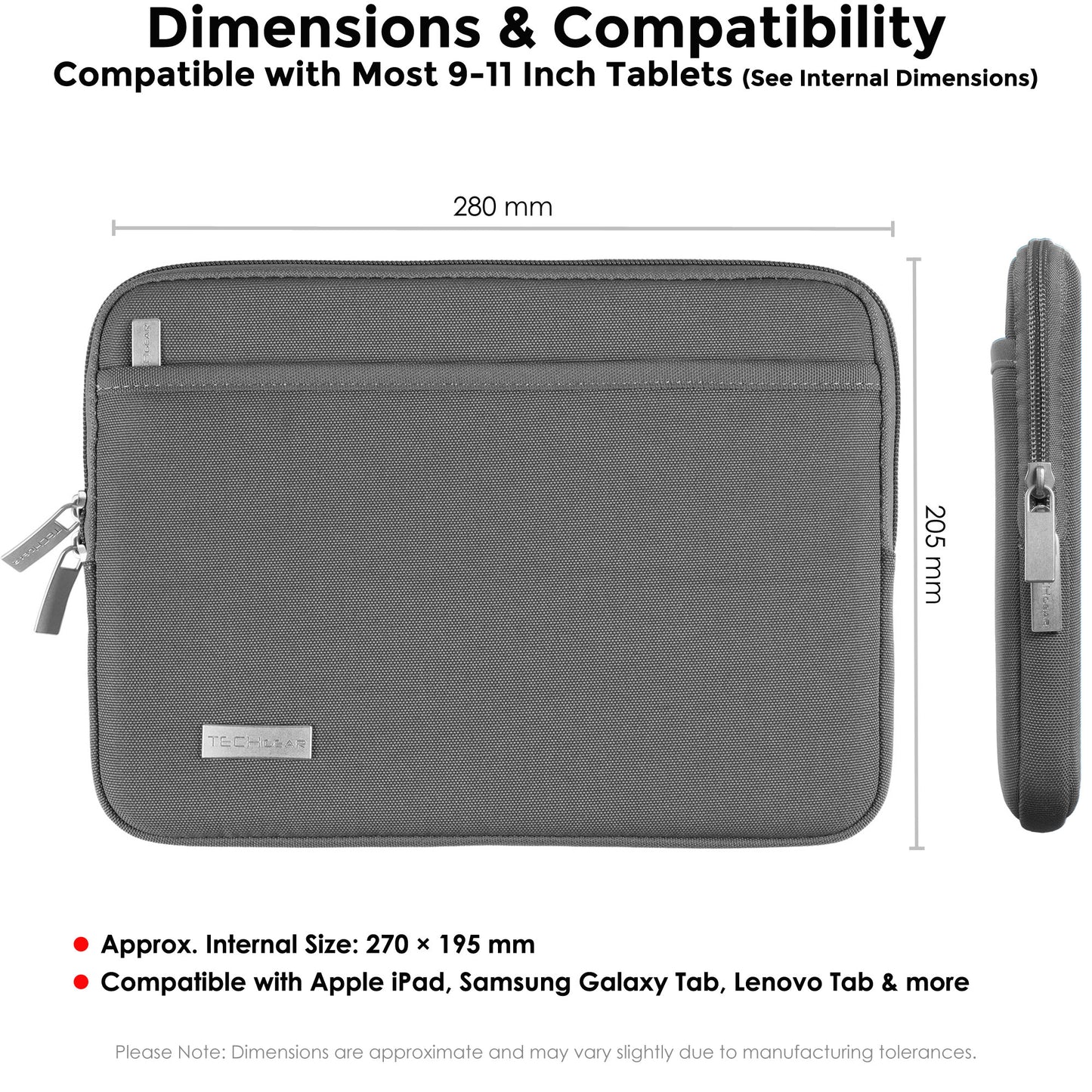 TECHGEAR AirShock Universal Tablet Sleeve | Shockproof Protective Sleeve Case for 7-13 Inch Tablets | Water-Resistant Oxford Fabric with Front Storage Pocket