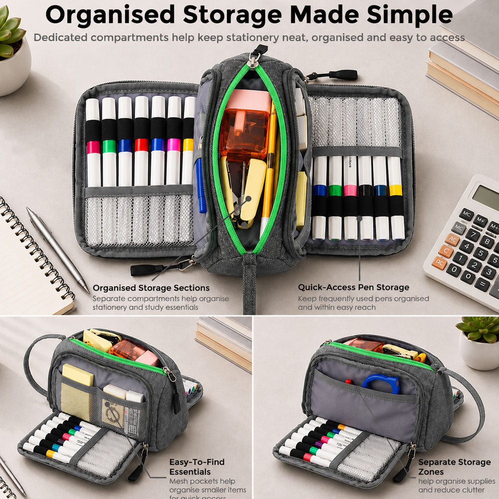SharkByte Large Pencil Case Organiser - Big Capacity Stationery Storage Pouch with Compartments for School, College, Study, Office, Travel & Everyday Organisation