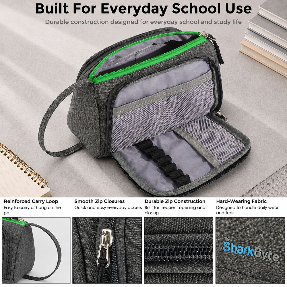 SharkByte Large Pencil Case Organiser - Big Capacity Stationery Storage Pouch with Compartments for School, College, Study, Office, Travel & Everyday Organisation