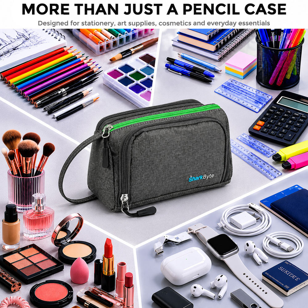 SharkByte Large Pencil Case Organiser - Big Capacity Stationery Storage Pouch with Compartments for School, College, Study, Office, Travel & Everyday Organisation