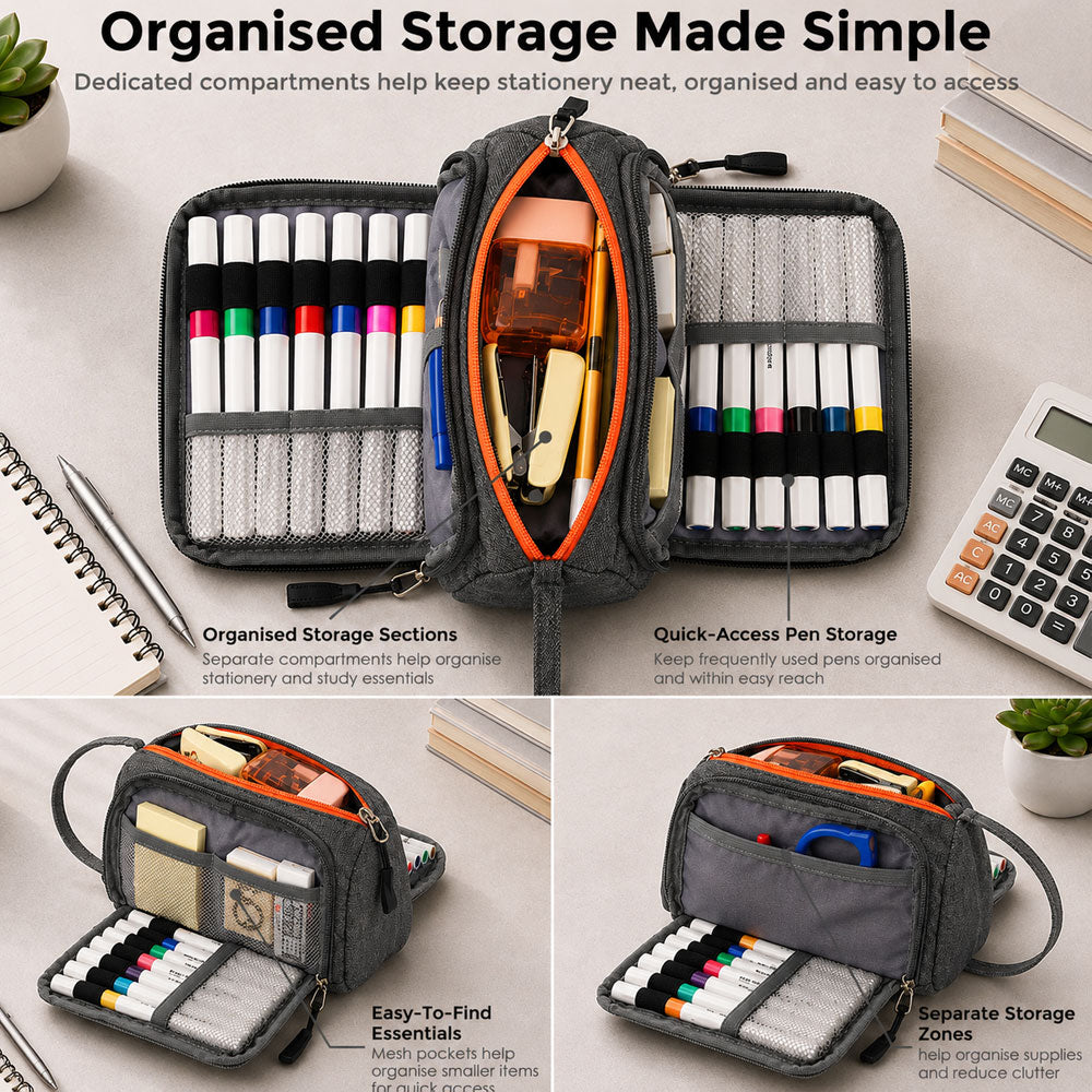 SharkByte Large Pencil Case Organiser - Big Capacity Stationery Storage Pouch with Compartments for School, College, Study, Office, Travel & Everyday Organisation