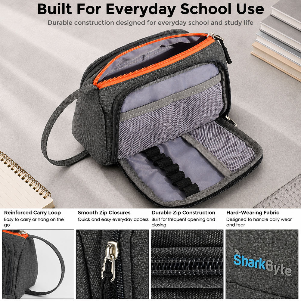 SharkByte Large Pencil Case Organiser - Big Capacity Stationery Storage Pouch with Compartments for School, College, Study, Office, Travel & Everyday Organisation