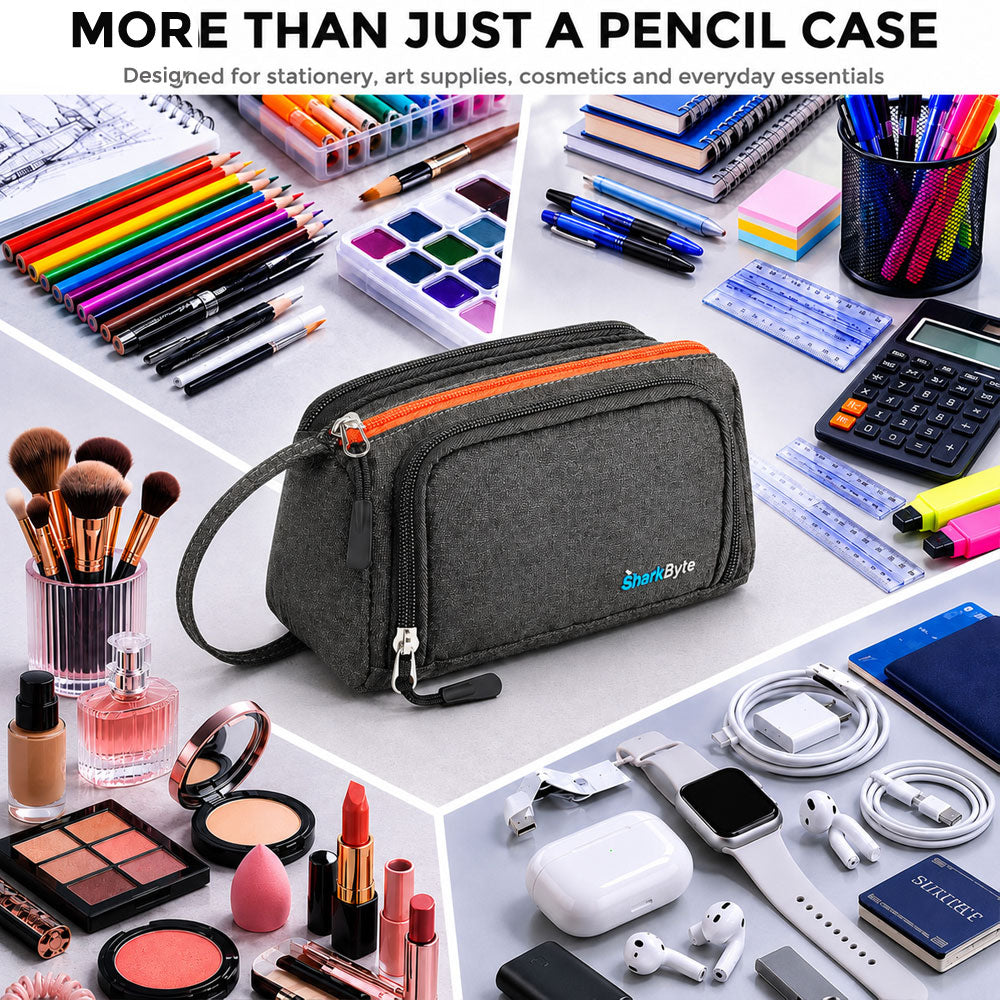 SharkByte Large Pencil Case Organiser - Big Capacity Stationery Storage Pouch with Compartments for School, College, Study, Office, Travel & Everyday Organisation