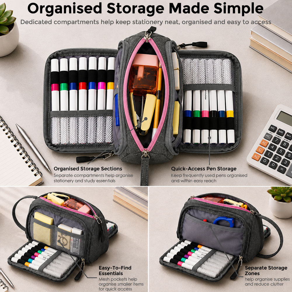 SharkByte Large Pencil Case Organiser - Big Capacity Stationery Storage Pouch with Compartments for School, College, Study, Office, Travel & Everyday Organisation