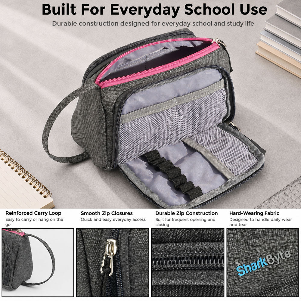 SharkByte Large Pencil Case Organiser - Big Capacity Stationery Storage Pouch with Compartments for School, College, Study, Office, Travel & Everyday Organisation
