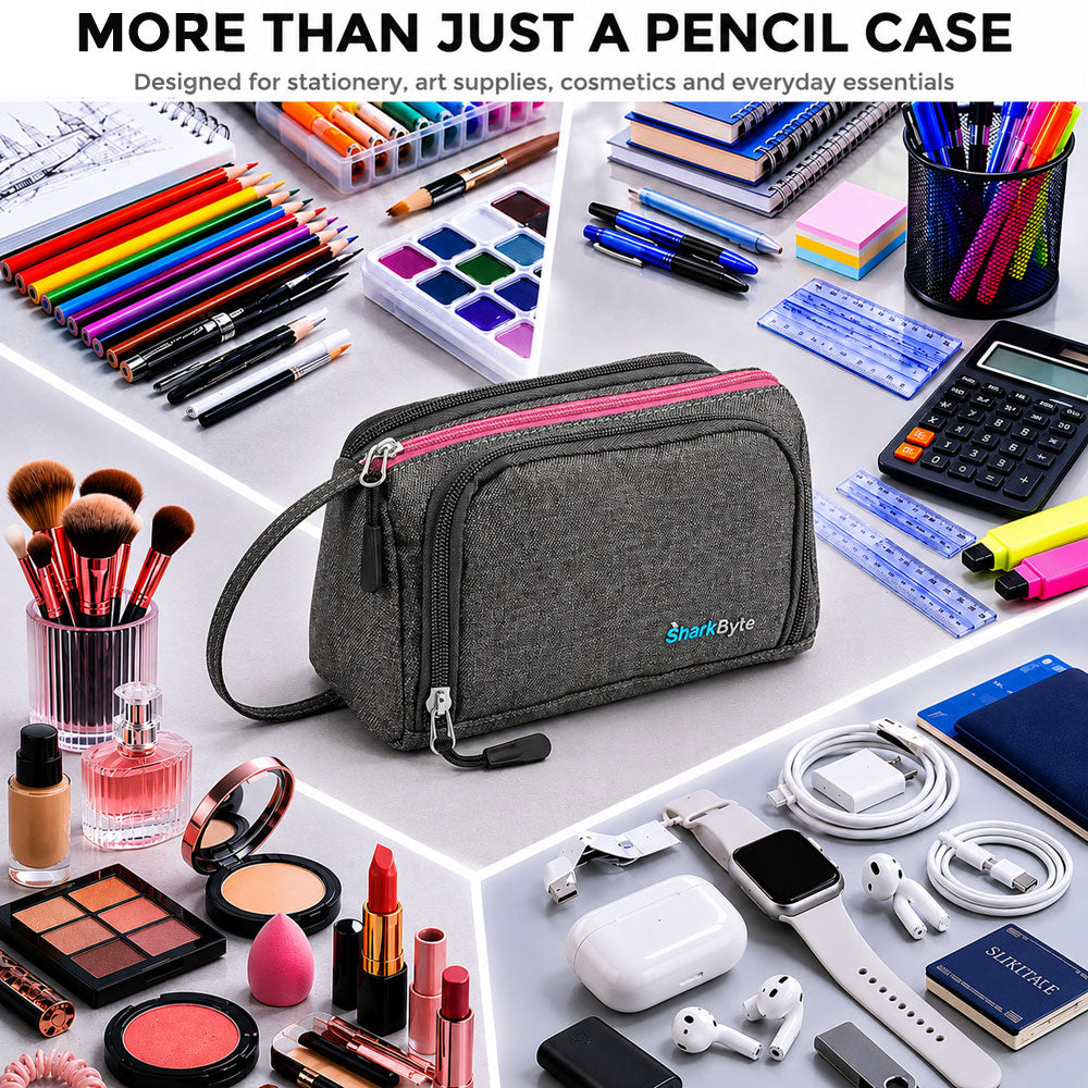 SharkByte Large Pencil Case Organiser - Big Capacity Stationery Storage Pouch with Compartments for School, College, Study, Office, Travel & Everyday Organisation