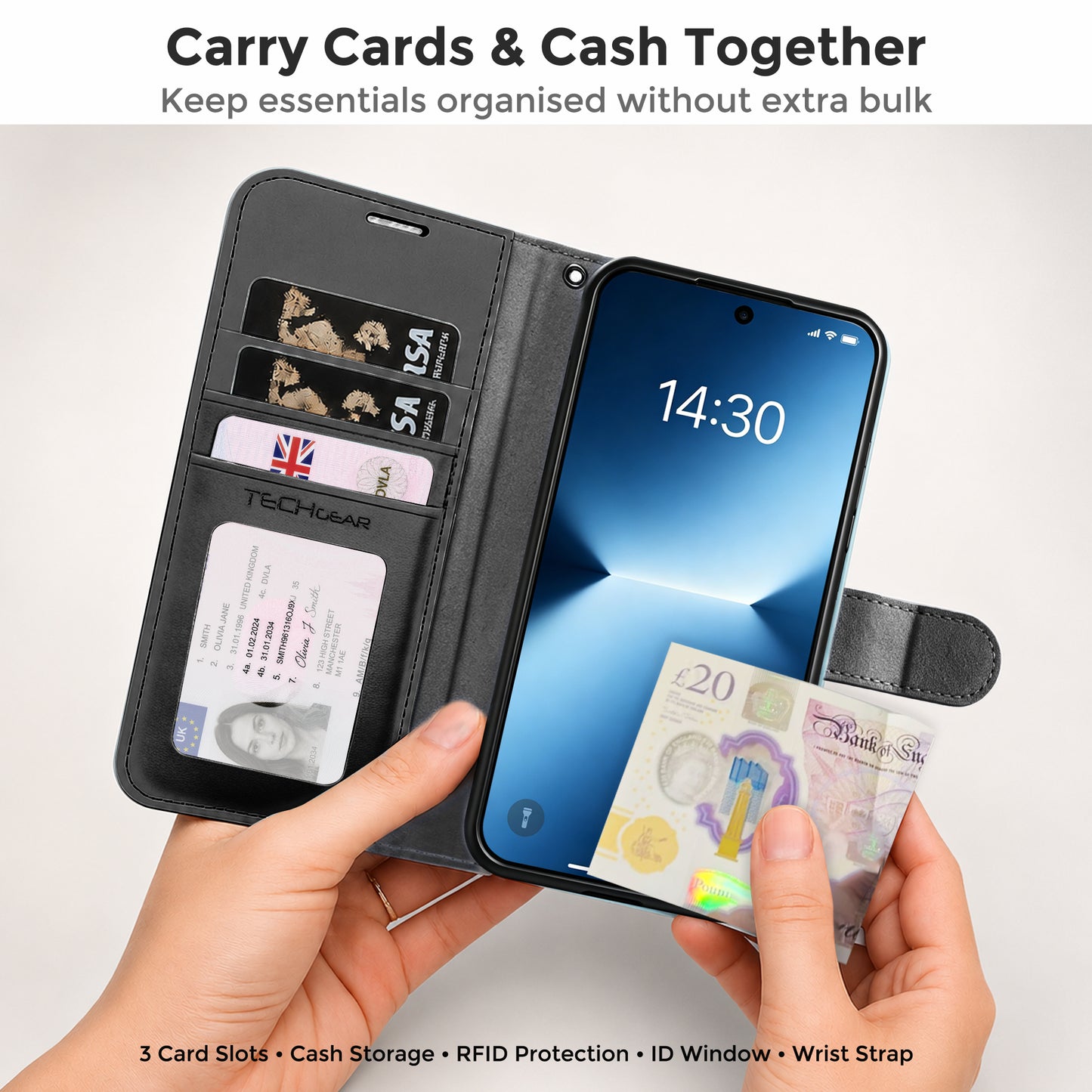 TECHGEAR RFID Wallet Case for Samsung Galaxy A27 5G / A27 4G – Premium PU Leather Flip Cover with Card Slots, Clear ID Window, Kickstand & Wrist Strap