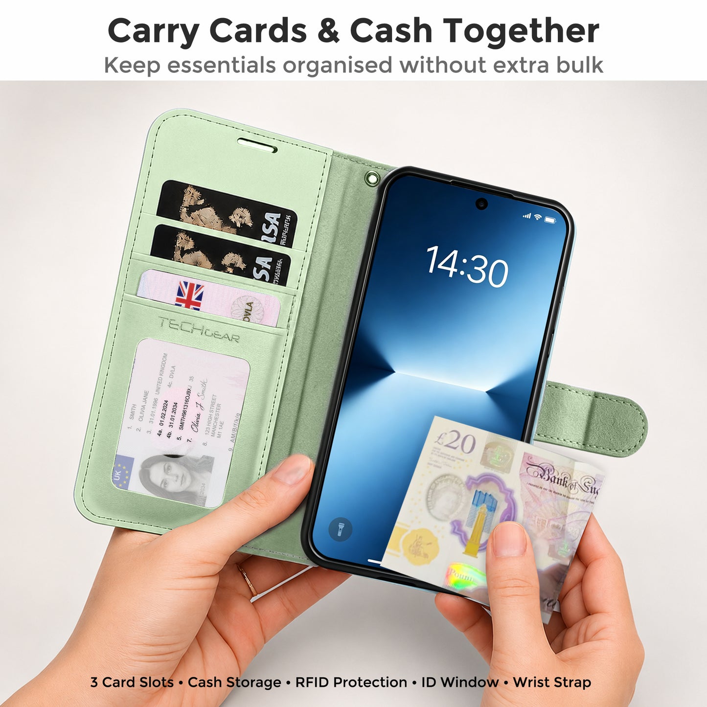 TECHGEAR RFID Wallet Case for Samsung Galaxy A27 5G / A27 4G – Premium PU Leather Flip Cover with Card Slots, Clear ID Window, Kickstand & Wrist Strap