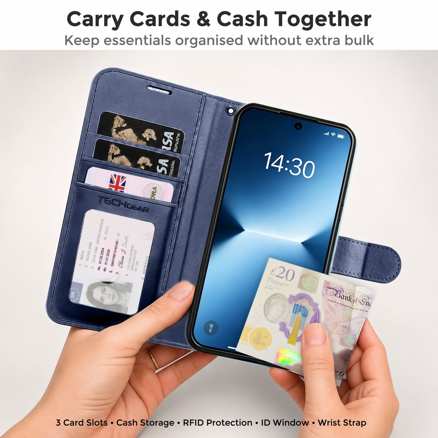 TECHGEAR RFID Wallet Case for Samsung Galaxy A27 5G / A27 4G – Premium PU Leather Flip Cover with Card Slots, Clear ID Window, Kickstand & Wrist Strap