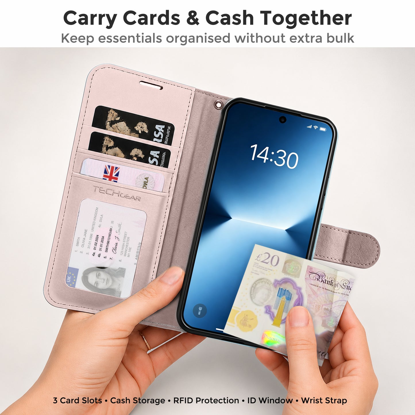 TECHGEAR RFID Wallet Case for Samsung Galaxy A27 5G / A27 4G – Premium PU Leather Flip Cover with Card Slots, Clear ID Window, Kickstand & Wrist Strap