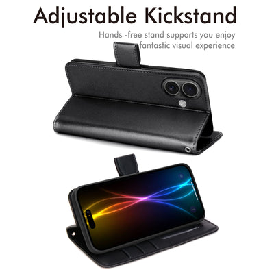 [Wallet Case] RFID Blocking, Leather Flip Cover with Card Holder, Kickstand, Wrist Strap, Magnetic Closure For Apple iPhone 17