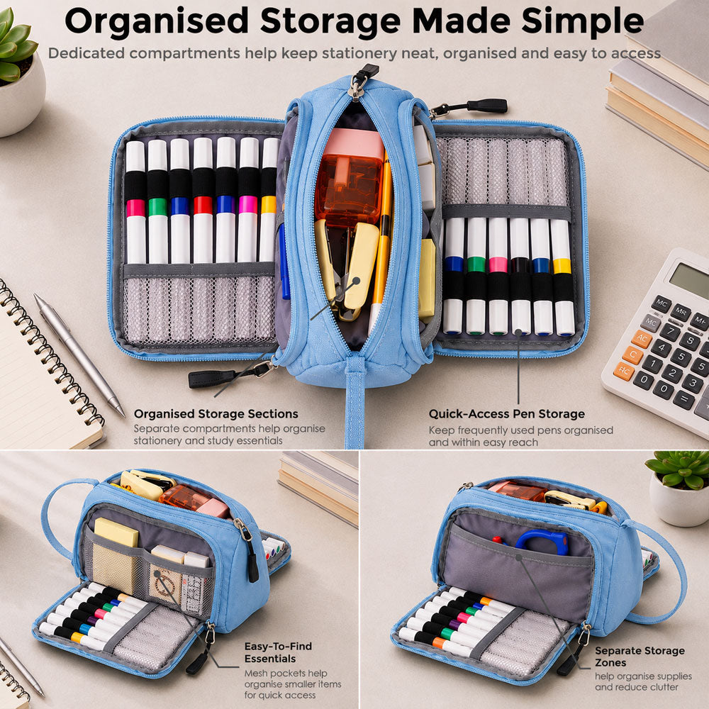 SharkByte Large Pencil Case Organiser - Big Capacity Stationery Storage Pouch with Compartments for School, College, Study, Office, Travel & Everyday Organisation