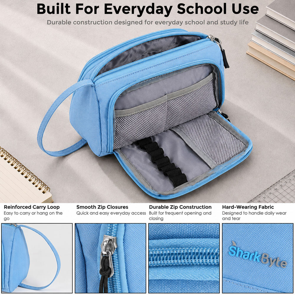 SharkByte Large Pencil Case Organiser - Big Capacity Stationery Storage Pouch with Compartments for School, College, Study, Office, Travel & Everyday Organisation