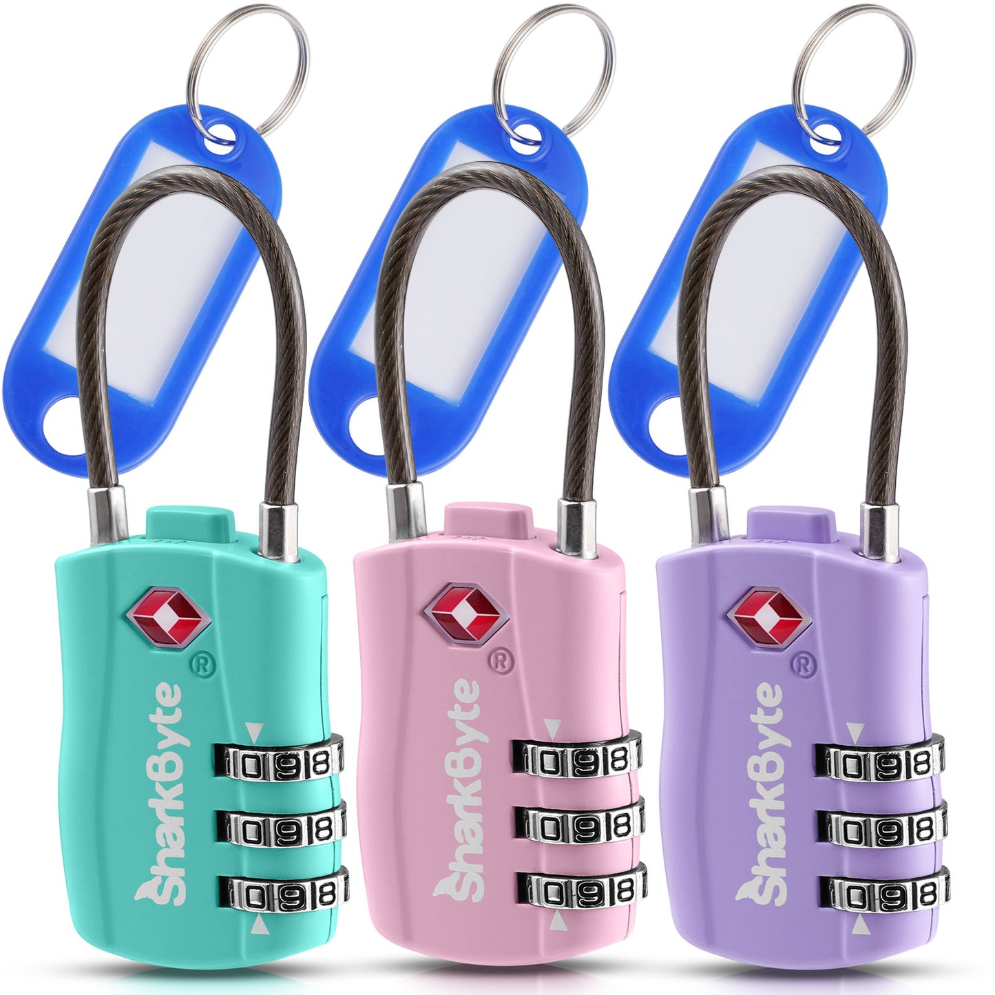 SharkByte TSA Suitcase Locks – 3-Dial Combination Cable Wire Travel Padlock for Luggage, Suitcases, Backpacks, Gym Lockers & Travel Bags (1 / 2 / 3 / 4 Pack)