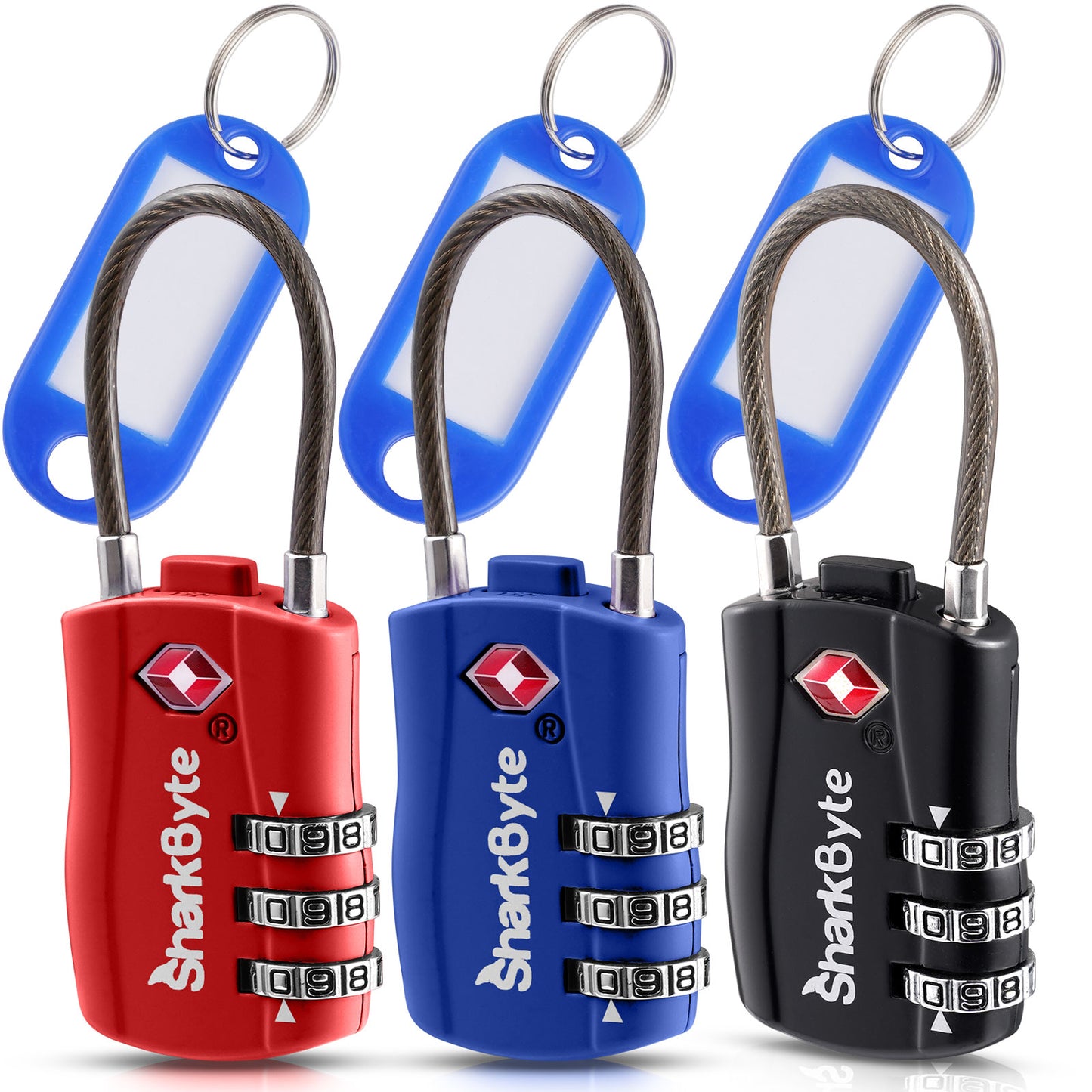 SharkByte TSA Suitcase Locks – 3-Dial Combination Cable Wire Travel Padlock for Luggage, Suitcases, Backpacks, Gym Lockers & Travel Bags (1 / 2 / 3 / 4 Pack)