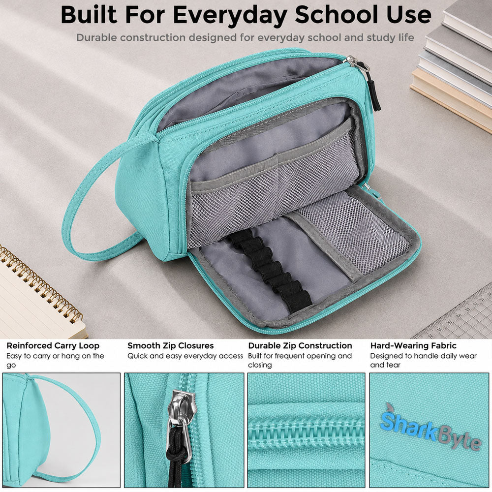 SharkByte Large Pencil Case Organiser - Big Capacity Stationery Storage Pouch with Compartments for School, College, Study, Office, Travel & Everyday Organisation