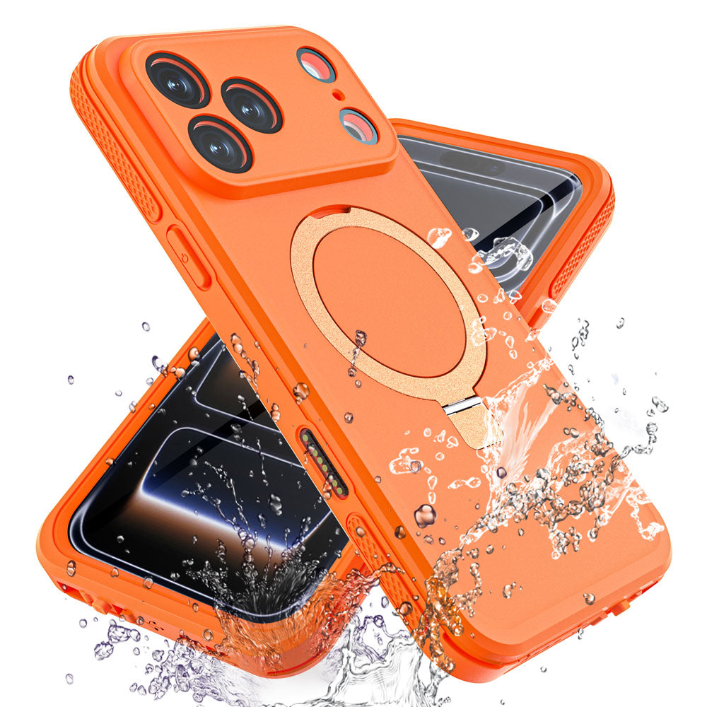 TECHGEAR Waterproof Magnetic Stand Case for iPhone 17 Pro 6.3" – IP68 Shockproof MagSafe Compatible Cover (Black / Orange)
