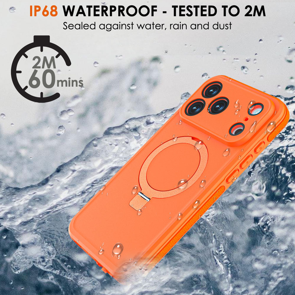 TECHGEAR Waterproof Magnetic Stand Case for iPhone 17 Pro 6.3" – IP68 Shockproof MagSafe Compatible Cover (Black / Orange)