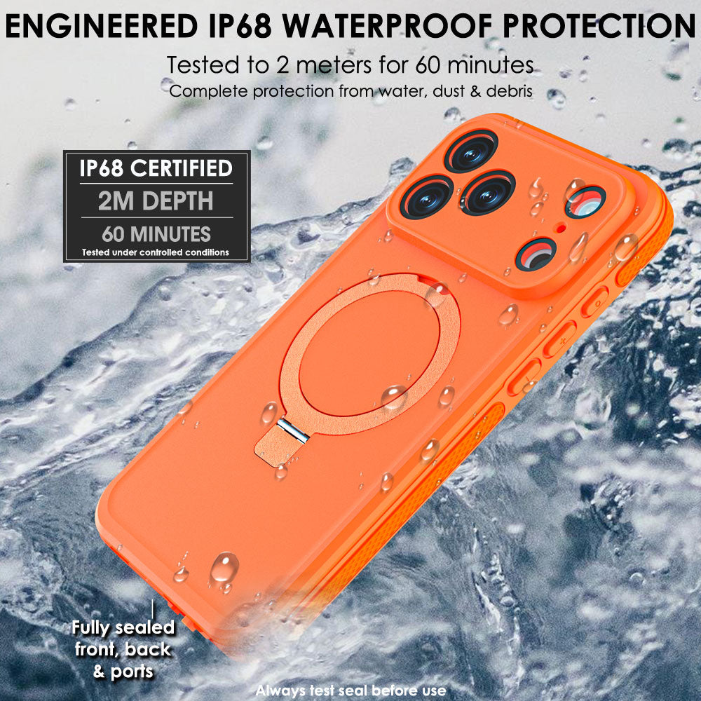 TECHGEAR Waterproof Magnetic Stand Case for iPhone 17 Pro Max 6.9" – IP68 Shockproof MagSafe Compatible Cover (Black / Orange)