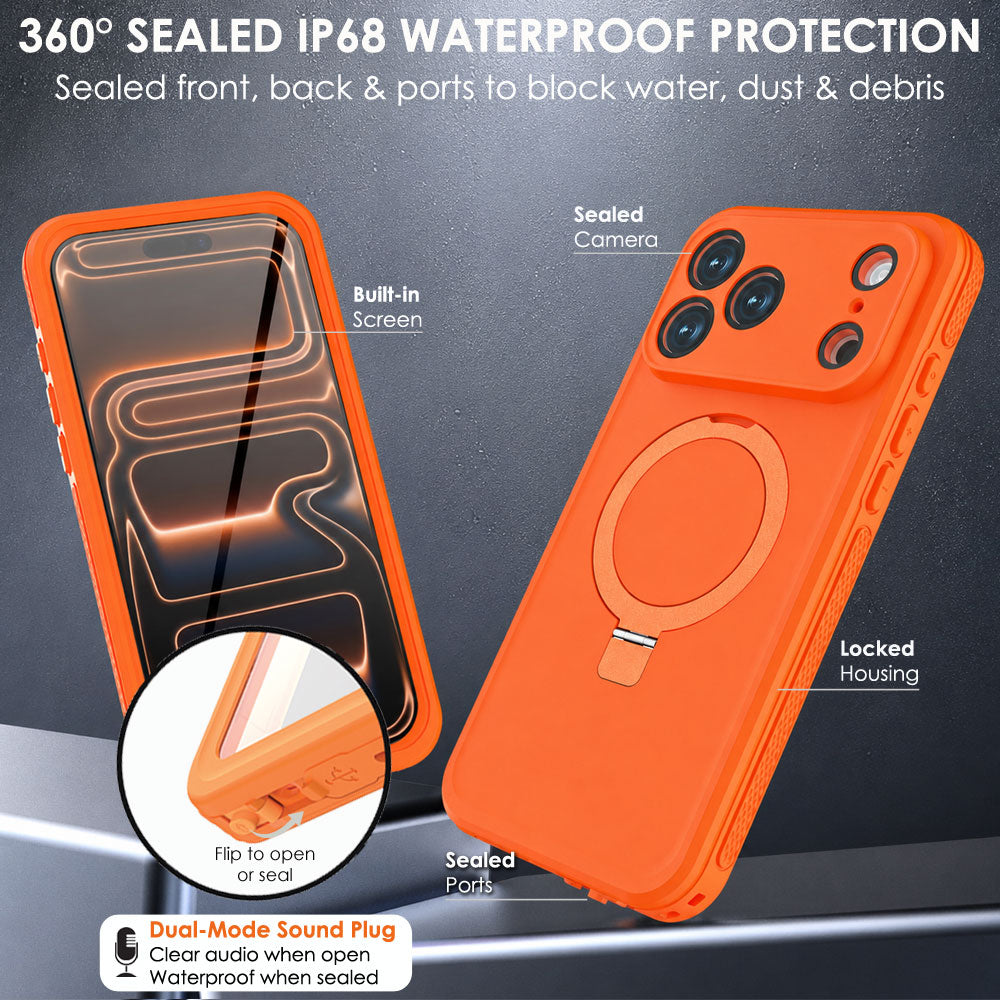 TECHGEAR Waterproof Magnetic Stand Case for iPhone 17 Pro 6.3" – IP68 Shockproof MagSafe Compatible Cover (Black / Orange)