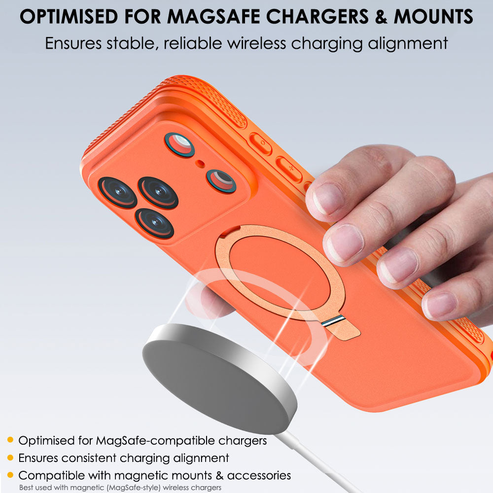 TECHGEAR Waterproof Magnetic Stand Case for iPhone 17 Pro 6.3" – IP68 Shockproof MagSafe Compatible Cover (Black / Orange)
