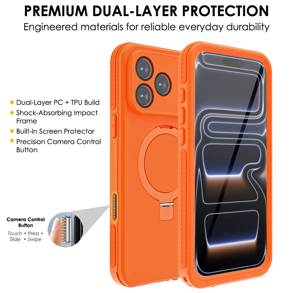 TECHGEAR Waterproof Magnetic Stand Case for iPhone 17 Pro 6.3" – IP68 Shockproof MagSafe Compatible Cover (Black / Orange)