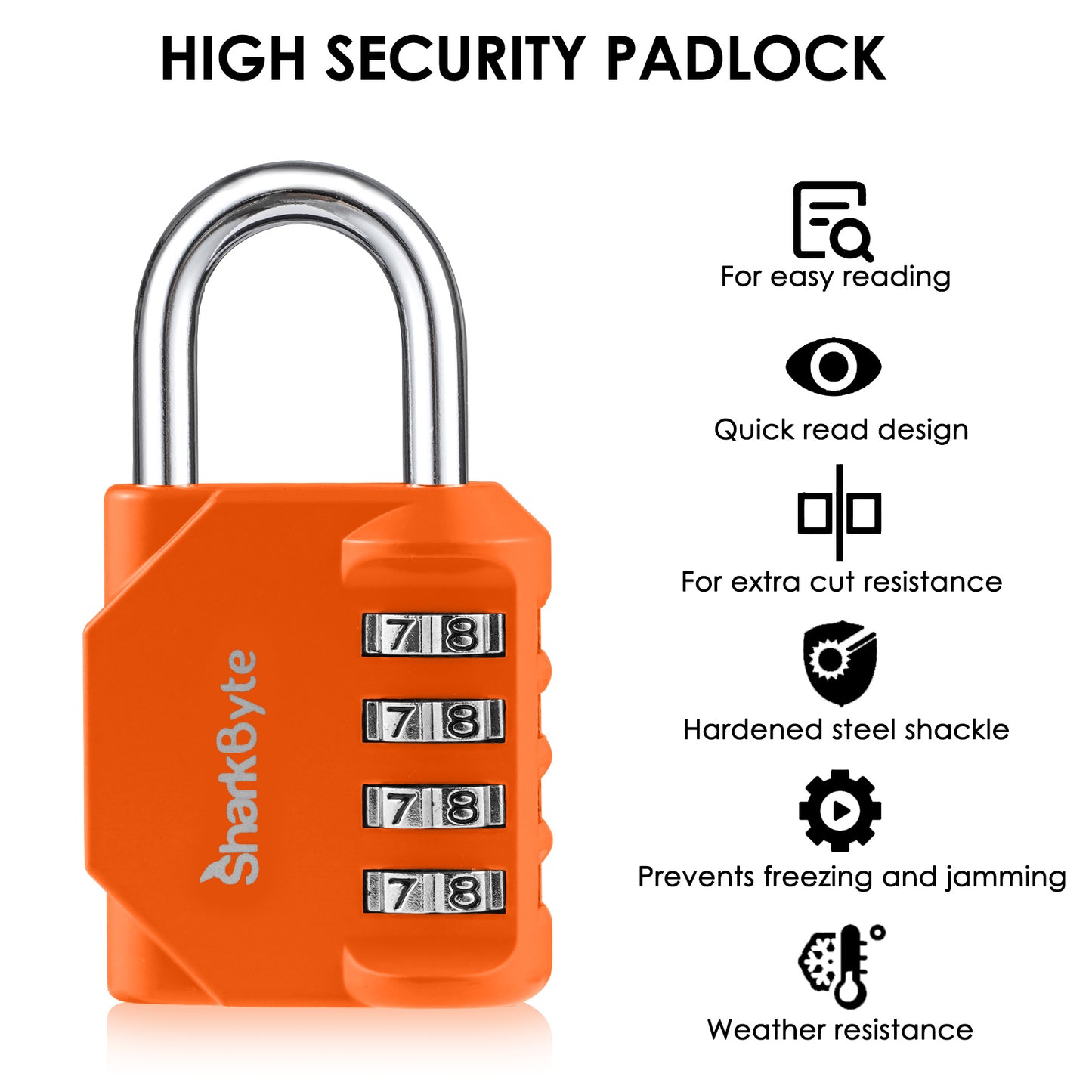 SharkByte Heavy Duty 4-Dial Combination Padlock – Weatherproof Outdoor Lock for Gym, School, Shed, Storage, Cabinet & Toolbox (1 / 2 / 3 / 4 Pack)