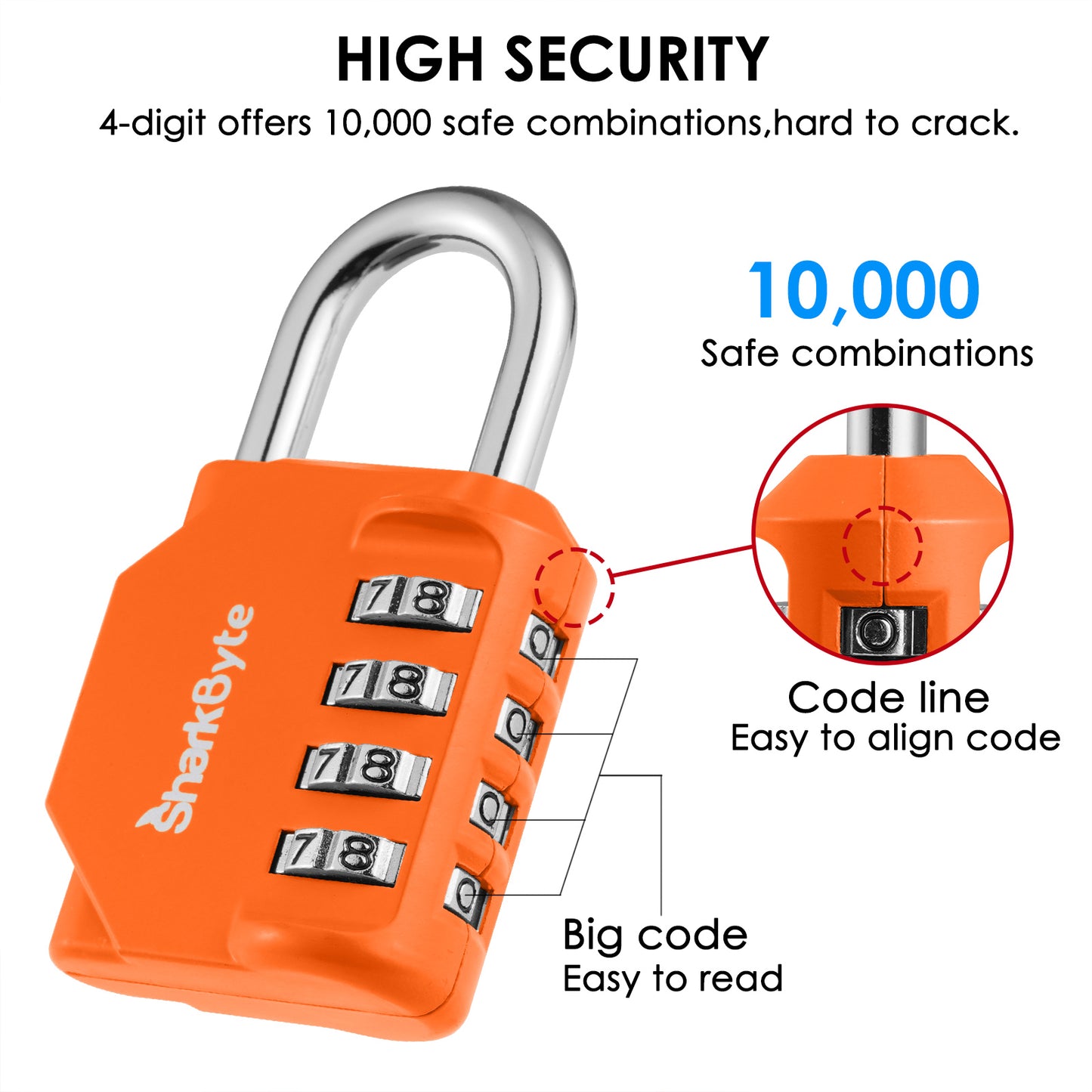 SharkByte Heavy Duty 4-Dial Combination Padlock – Weatherproof Outdoor Lock for Gym, School, Shed, Storage, Cabinet & Toolbox (1 / 2 / 3 / 4 Pack)